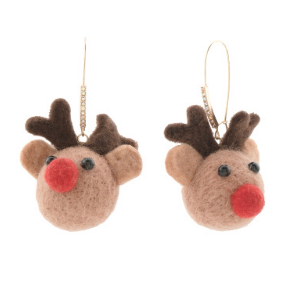 Betsey Johnson Reindeer Plush Earrings - Brown and Red Christmas